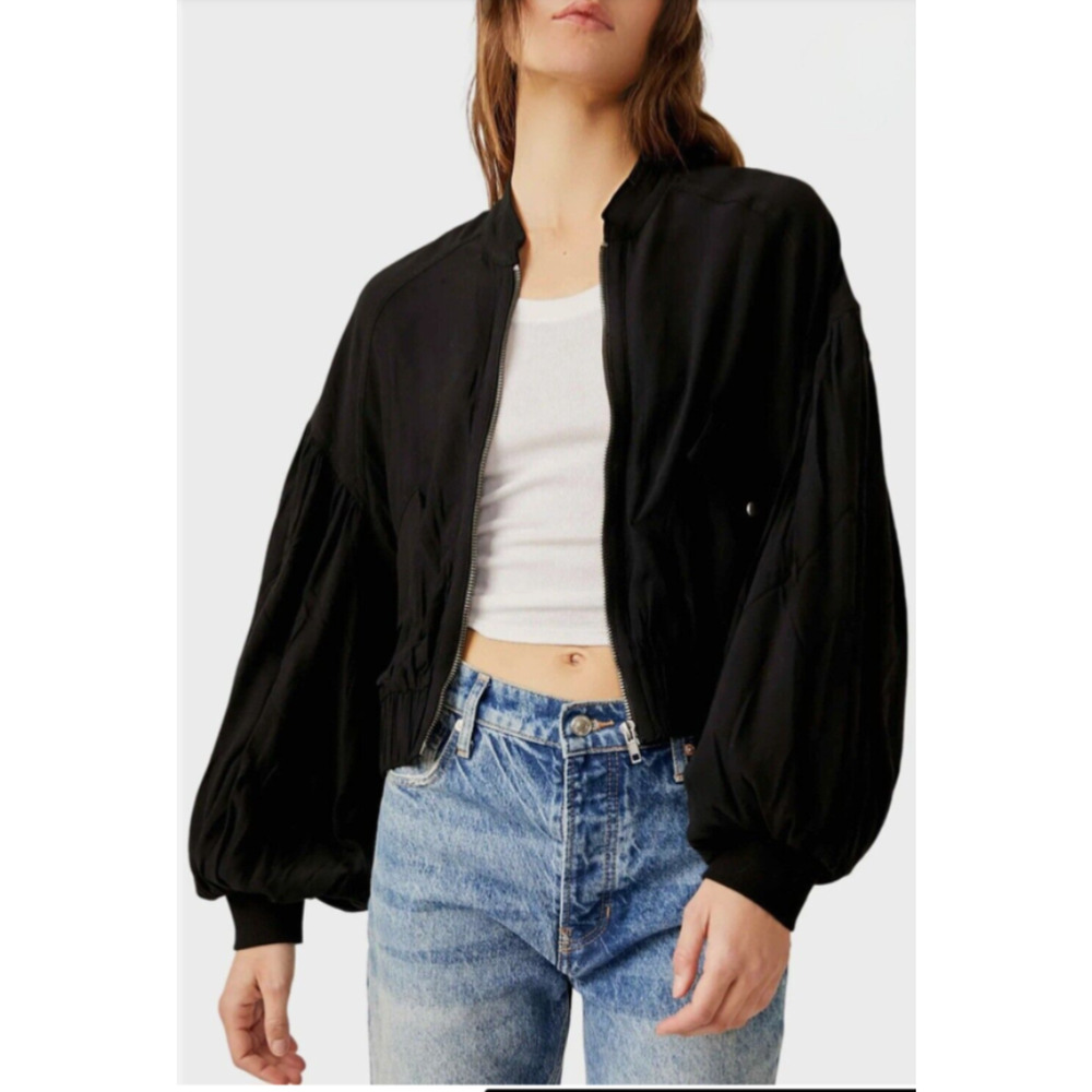 NEW Free People M On Pointe Balloon Sleeve Viscose Bomber Jacket Black $168 C16